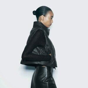 Zara Puffer Faux Leather Cropped Vest (size small)